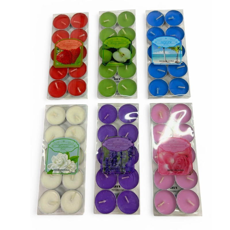 Set x 10 unidades de vela de noche con porta vela Colores: Verde(manzana), Rosa(rosas), Azul (ocean), Lila(lavanda) ,Rojo(frutilla)